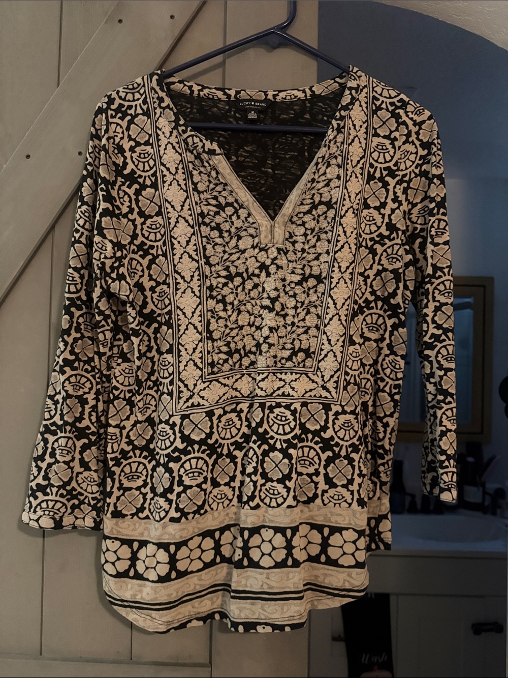 Lucky Brand Black and Cream V-Neck Embroidered-Style Tunic